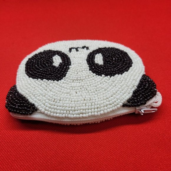 Vintage Coin Purse Panda Bear Beaded Black & White Silk Lined - Picture 7 of 11
